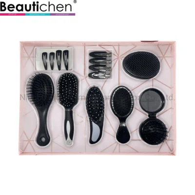 Beautichen 검은 머리 브러쉬 선물 세트, 거울과 헤어 클립이 포함된 접이식 헤어 브러쉬, 8 in 1 참신 헤어 브러쉬 세트